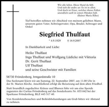 Traueranzeige von Siegfried Thulfaut von Tageszeitung