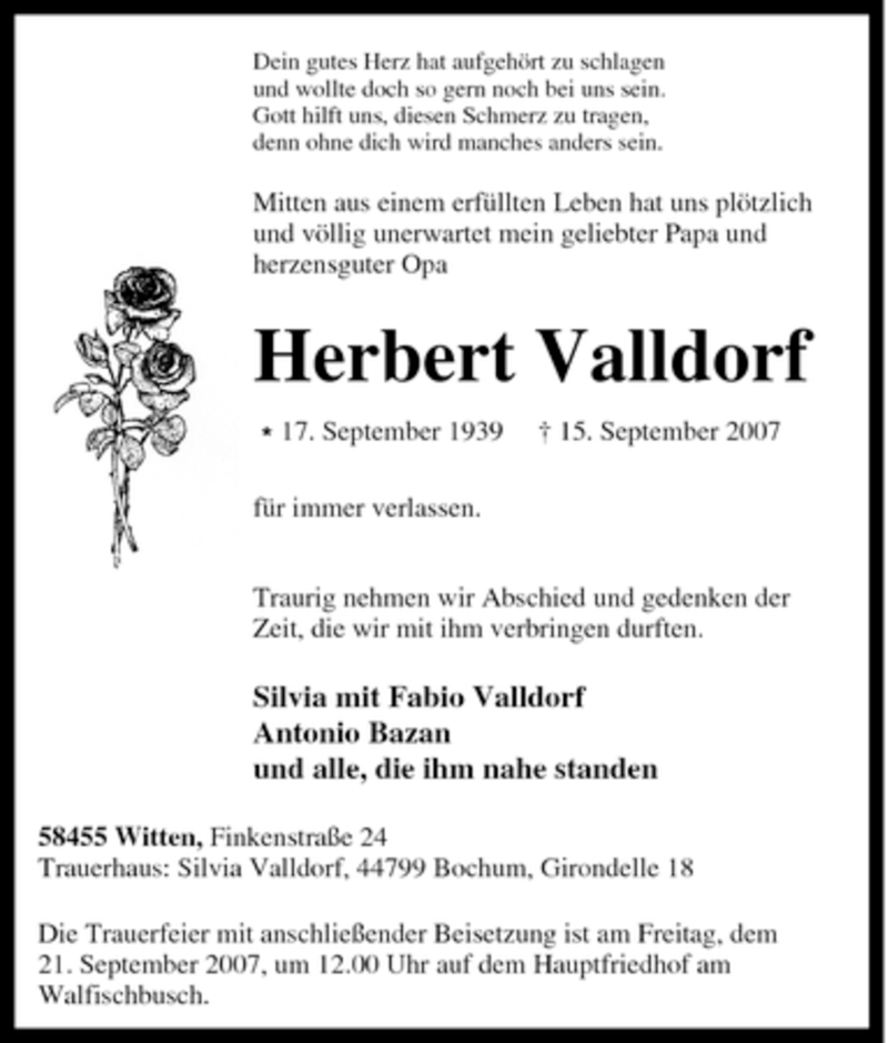  Traueranzeige für Herbert Valldorf vom 19.09.2007 aus Tageszeitung