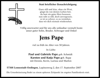 Traueranzeige von Jens Pape von Tageszeitung