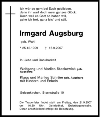 Traueranzeige von Irmgard Augsburg von Tageszeitung