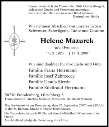 Traueranzeige von Helene Mazurek von Tageszeitung