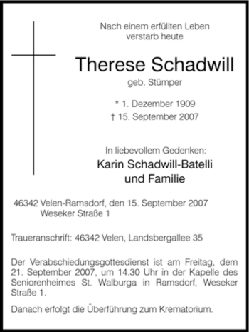 Traueranzeige von Therese Schadwill von Tageszeitung