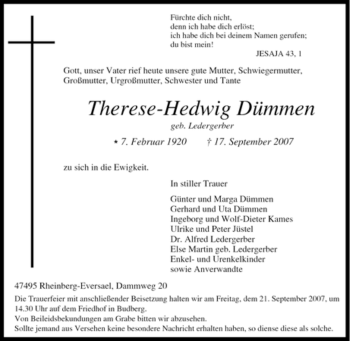 Traueranzeige von Therese-Hedwig Dümmen von Tageszeitung