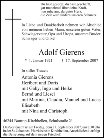Traueranzeige von Adolf Gierens von Tageszeitung