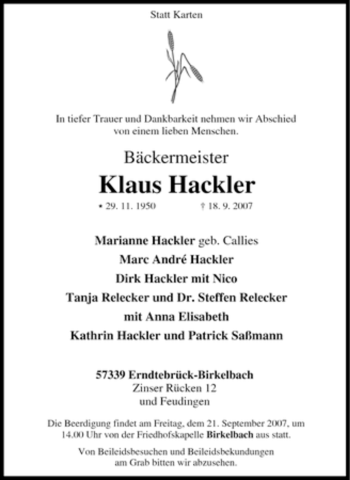 Traueranzeige von Klaus Hackler von Tageszeitung