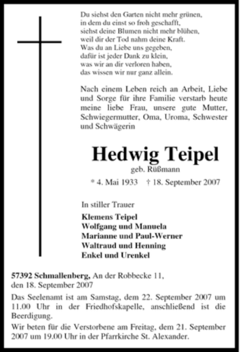Traueranzeige von Hedwig Teipel von Tageszeitung