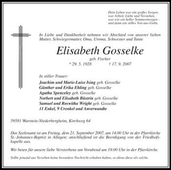 Traueranzeige von Elisabeth Gosselke von Tageszeitung