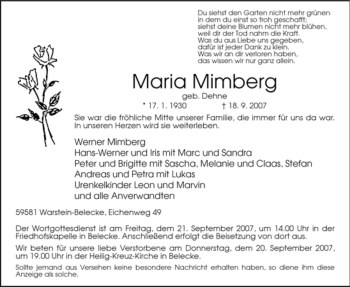 Traueranzeige von Maria Mimberg von Tageszeitung