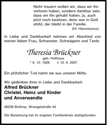 Traueranzeige von Theresia Brückner von Tageszeitung