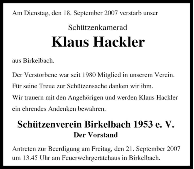  Traueranzeige für Klaus Hackler vom 20.09.2007 aus Tageszeitung