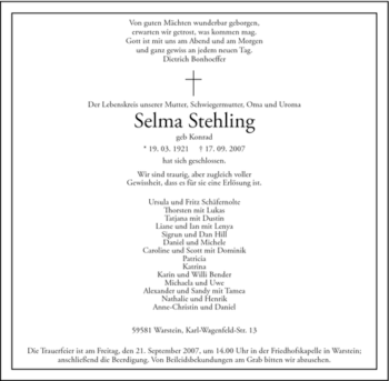 Traueranzeige von Selma Stehling von Tageszeitung