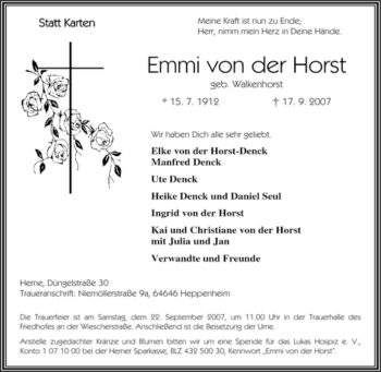 Traueranzeige von Emmi von der Horst von Tageszeitung