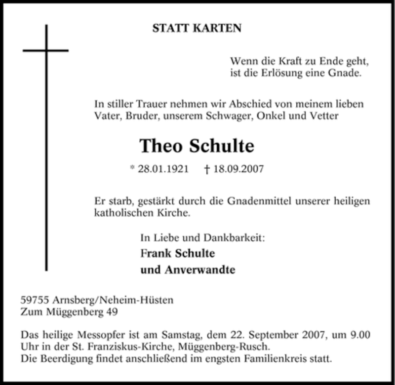  Traueranzeige für Theo Schulte vom 20.09.2007 aus Tageszeitung