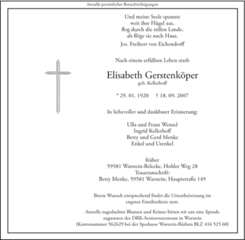 Traueranzeige von Elisabeth Gerstenköper von Tageszeitung