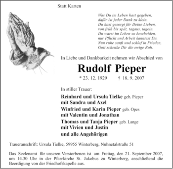 Traueranzeige von Rudolf Pieper von Tageszeitung