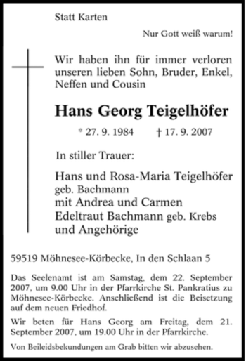 Traueranzeige von Hans Georg Teigelhöfer von Tageszeitung