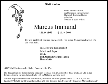 Traueranzeige von Marcus Immand von Tageszeitung