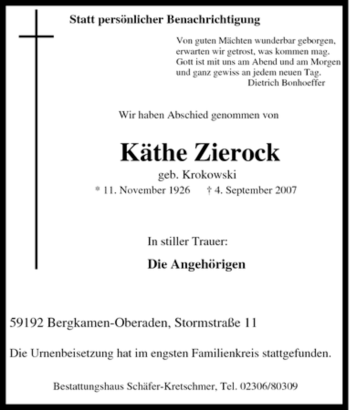 Traueranzeige von Käthe Zierock von Tageszeitung