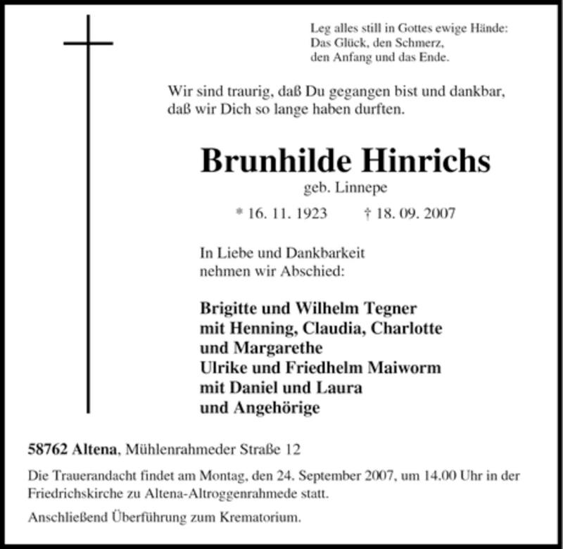  Traueranzeige für Brunhilde Hinrichs vom 20.09.2007 aus Tageszeitung