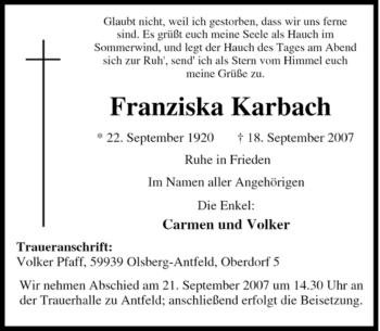 Traueranzeige von Franziska Karbach von Tageszeitung