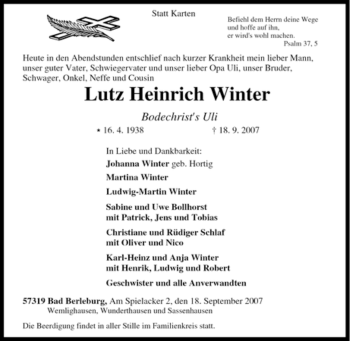 Traueranzeige von Lutz Heinrich Winter von Tageszeitung