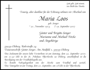 Traueranzeige von Maria Loos von Tageszeitung