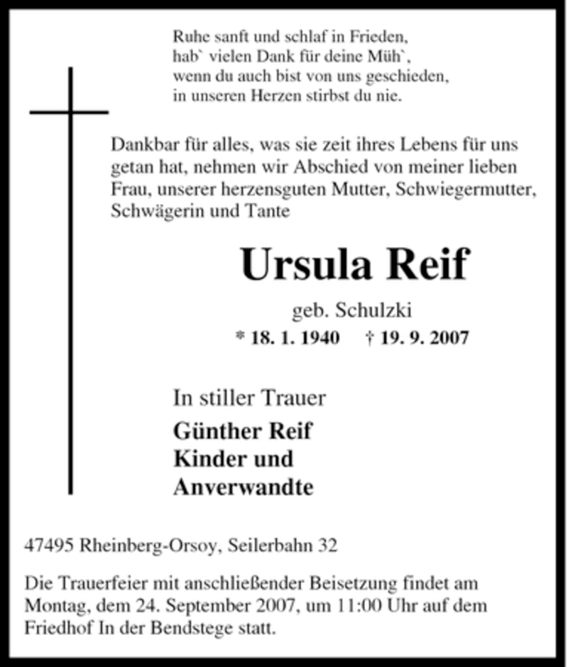  Traueranzeige für Ursula Reif vom 20.09.2007 aus Tageszeitung
