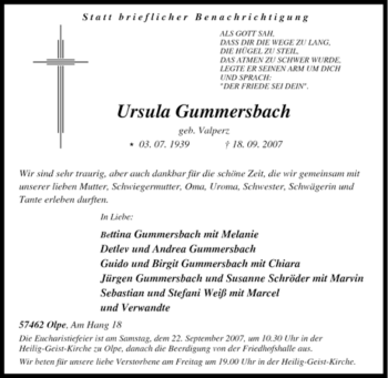 Traueranzeige von Ursula Gummersbach von Tageszeitung