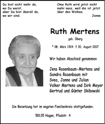 Traueranzeige von Ruth Mertens von Tageszeitung