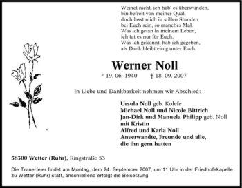 Traueranzeige von Werner Noll von Tageszeitung