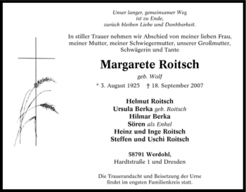 Traueranzeige von Margarete Roitsch von Tageszeitung