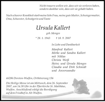 Traueranzeige von Ursula Kallert von Tageszeitung