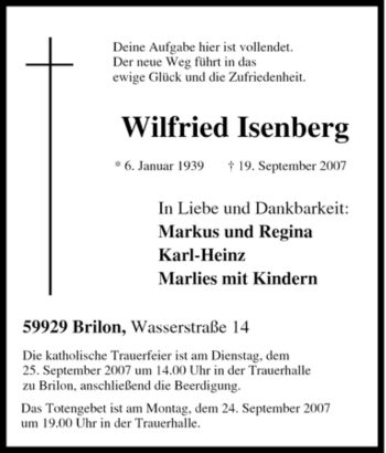 Traueranzeige von Wilfried Isenberg von Tageszeitung