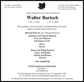 Traueranzeige von Walter Bartsch von Tageszeitung