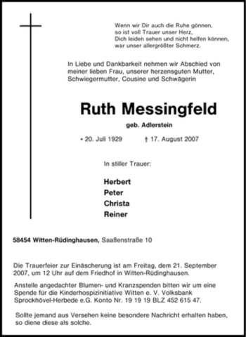 Traueranzeige von Ruth Messingfeld von Tageszeitung