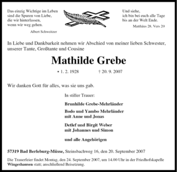 Traueranzeige von Mathilde Grebe von Tageszeitung