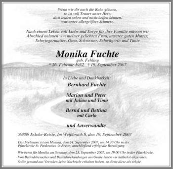 Traueranzeige von Monika Fuchte von Tageszeitung