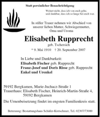 Traueranzeige von Elisabeth Rupprecht von Tageszeitung
