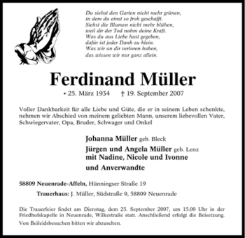 Traueranzeige von Ferdinand Müller von Tageszeitung