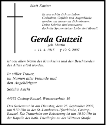 Traueranzeige von Gerda Gutzeit von Tageszeitung