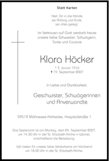 Traueranzeige von Klara Höcker von Tageszeitung
