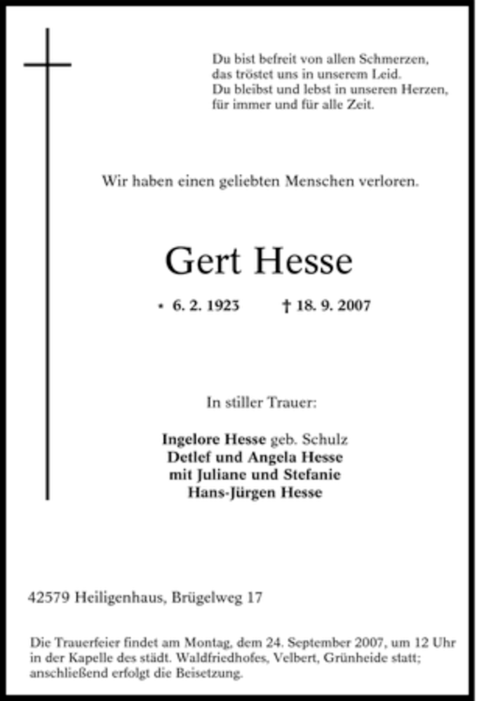 Traueranzeigen von Gert Hesse | Trauer-in-NRW.de