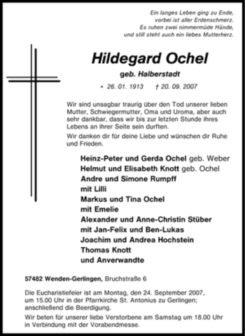 Traueranzeige von Hildegard Ochel von Tageszeitung