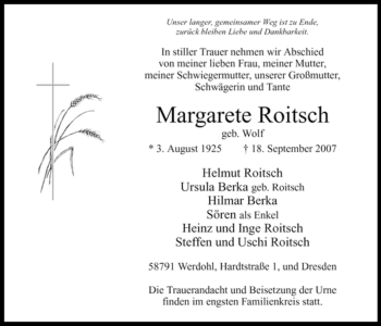 Traueranzeige von Margarete Roitsch von Tageszeitung
