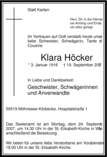 Traueranzeige von Klara Höcker von Tageszeitung
