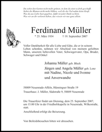 Traueranzeige von Ferdinand Müller von Tageszeitung