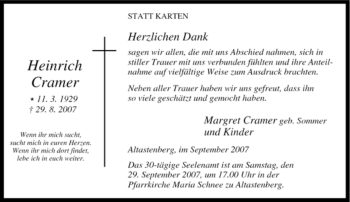 Traueranzeige von Heinrich Cramer von Tageszeitung