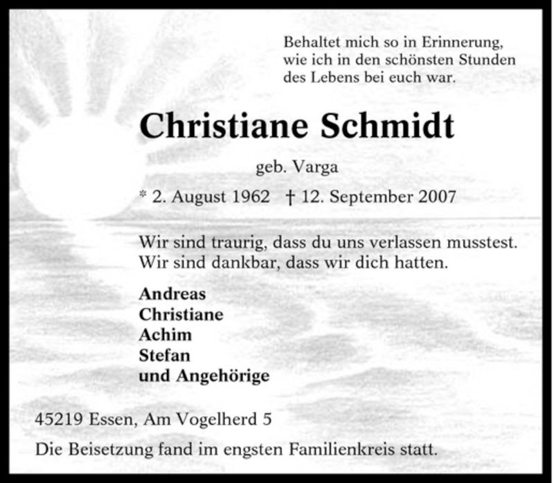  Traueranzeige für Christiane Schmidt vom 22.09.2007 aus Tageszeitung