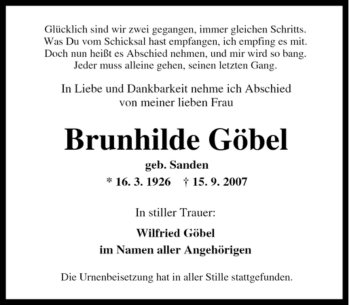 Traueranzeige von Brunhilde Göbel von Tageszeitung