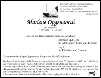 Traueranzeige von Marlene Opgenoorth von Tageszeitung